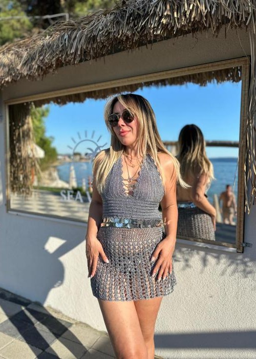 Bianca Gri Pullu Handmade Elbise