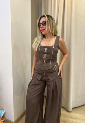 Kahverengi Premium Pantolon Büstiyer Takım