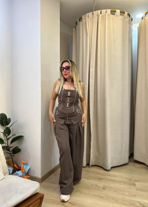 Kahverengi Premium Pantolon Büstiyer Takım