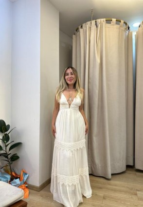 Ekru Dantel Detay Maksi Elbise