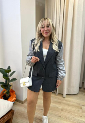 Tasarım Koyu Gri Kol Detaylı Ceket