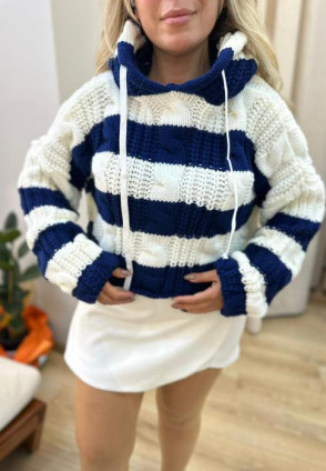 Lacivert Çizgili Kapüşonlu Kazak