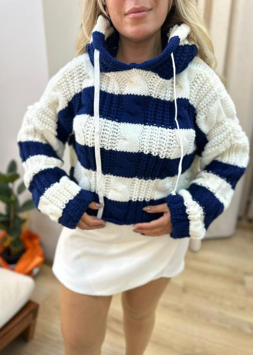 Lacivert Çizgili Kapüşonlu Kazak