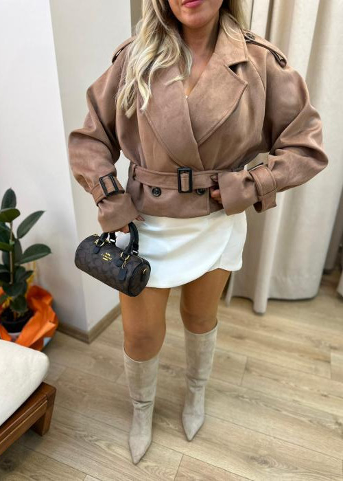 Kahve Süet Kısa Trençkot