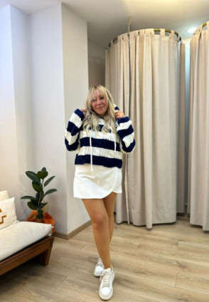 Lacivert Çizgili Kapüşonlu Kazak