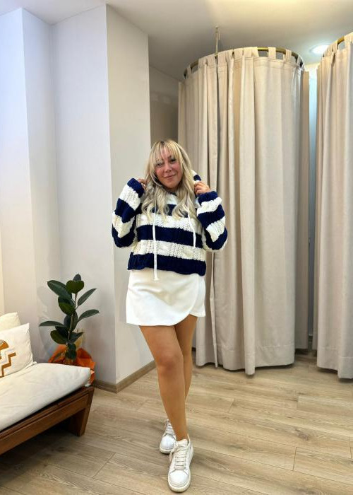 Lacivert Çizgili Kapüşonlu Kazak