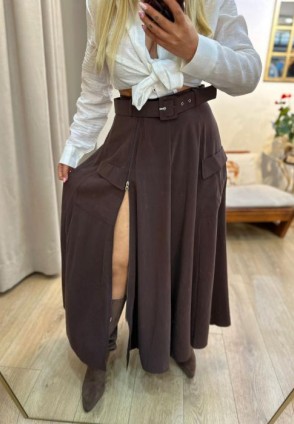 Kahverengi Fermuar Detay Midi Etek