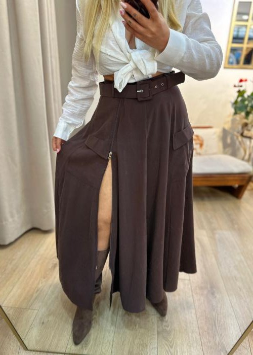 Kahverengi Fermuar Detay Midi Etek