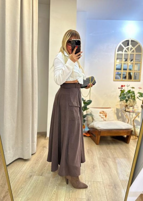 Kahverengi Fermuar Detay Midi Etek