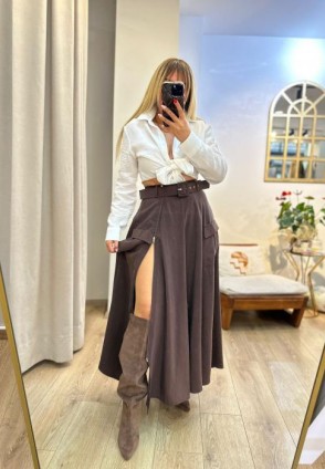 Kahverengi Fermuar Detay Midi Etek