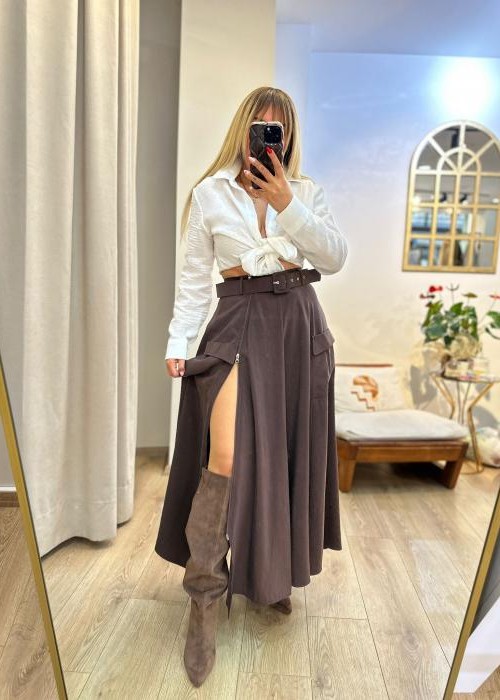 Kahverengi Fermuar Detay Midi Etek