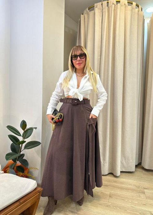 Kahverengi Fermuar Detay Midi Etek