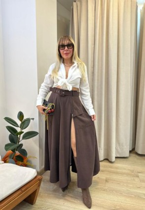 Kahverengi Fermuar Detay Midi Etek