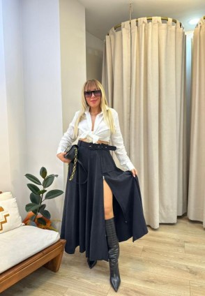 Siyah Fermuar Detay Midi Etek