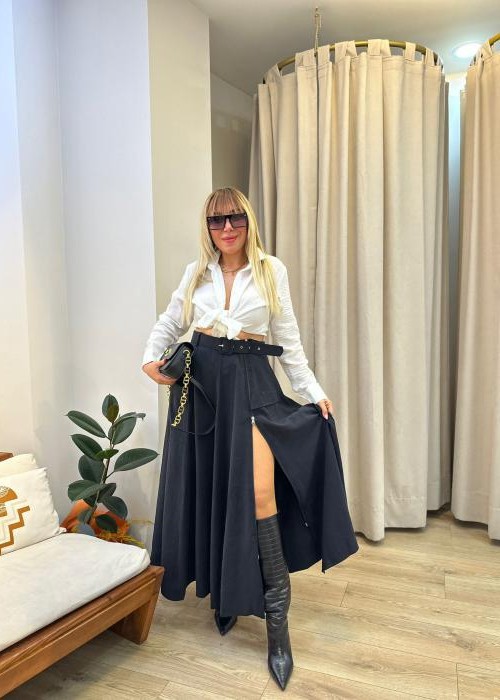 Siyah Fermuar Detay Midi Etek