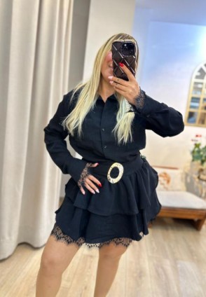 Siyah Dantel Detay Kat Kat Mini Elbise