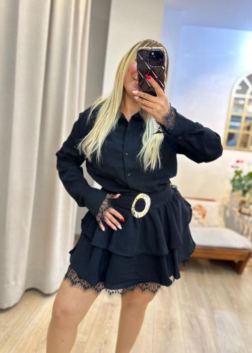 Siyah Dantel Detay Kat Kat Mini Elbise