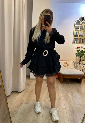 Siyah Dantel Detay Kat Kat Mini Elbise