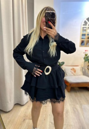 Siyah Dantel Detay Kat Kat Mini Elbise