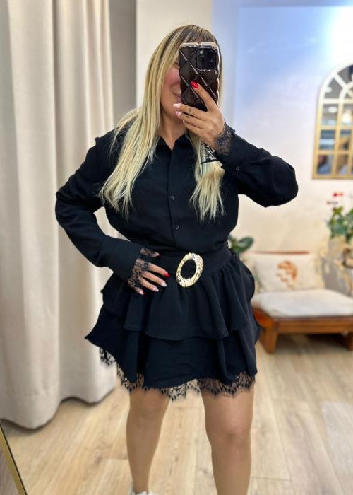 Siyah Dantel Detay Kat Kat Mini Elbise