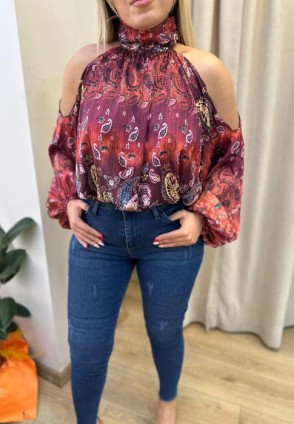 Bordo Omuzlar Açık Bluz