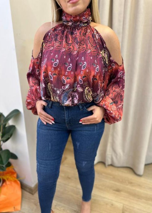 Bordo Omuzlar Açık Bluz