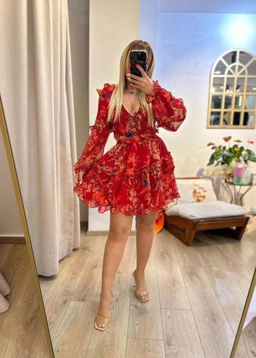 Kırmızı Vintage Tarz Sırt Detay Mini Elbise