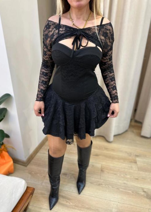 Siyah Dantelli Bolerolu Mini Şortlu Elbise