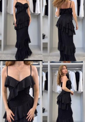 Siyah Dantel Detay Maksi Elbise