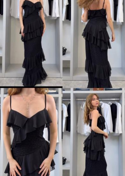 Siyah Dantel Detay Maksi Elbise