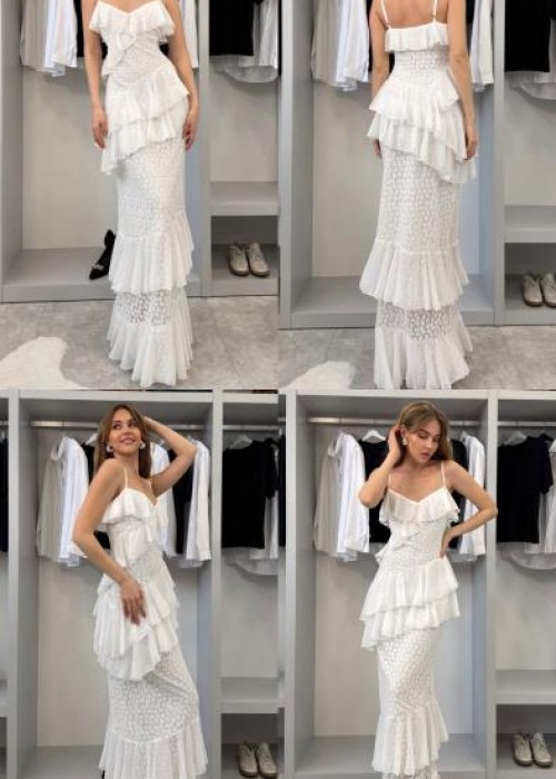 Beyaz Dantel Detay Maksi Elbise