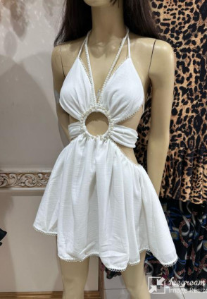 Off white Boyundan Bağlamalı İncili Elbise