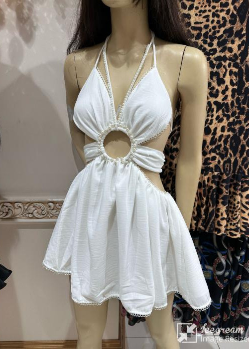 Off white Boyundan Bağlamalı İncili Elbise