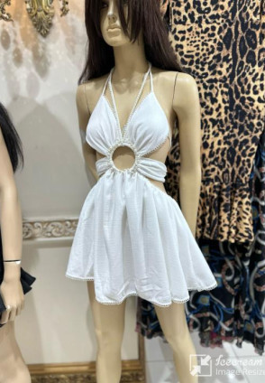 Off white Boyundan Bağlamalı İncili Elbise