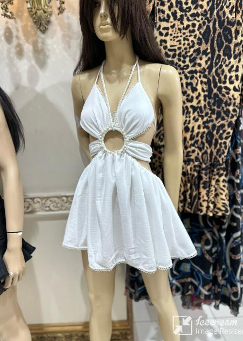 Off white Boyundan Bağlamalı İncili Elbise