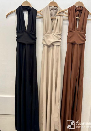 Kahve Maksi Yırtmaçlı Elbise