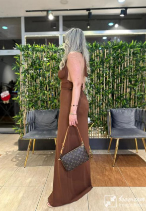 Kahve Maksi Yırtmaçlı Elbise