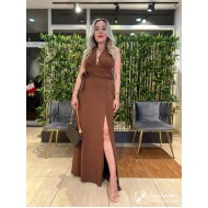 Kahve Maksi Yırtmaçlı Elbise