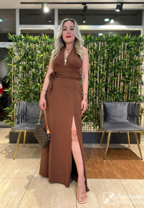 Kahve Maksi Yırtmaçlı Elbise