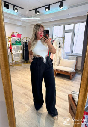 Siyah Kemerli Tensel Kumaş Pantolon