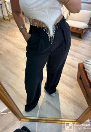 Siyah Kemerli Tensel Kumaş Pantolon