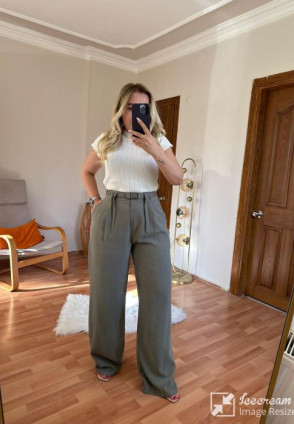 Haki Kemerli Tensel Kumaş Pantolon