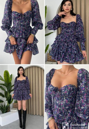 Lacivert Çiçek Desenli Kat Kat Mini Elbise