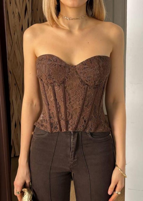 Kahverengi Dantel Korse Büstiyer