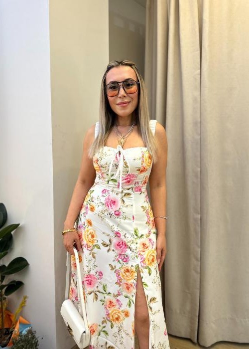 Naia Beyaz Çiçek Desenli Midi Elbise