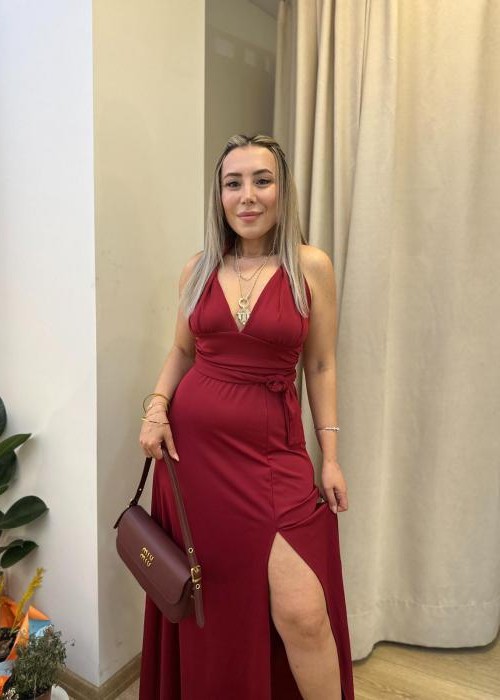 Bordo Maksi Yırtmaçlı Elbise