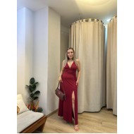 Bordo Maksi Yırtmaçlı Elbise