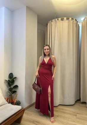 Bordo Maksi Yırtmaçlı Elbise