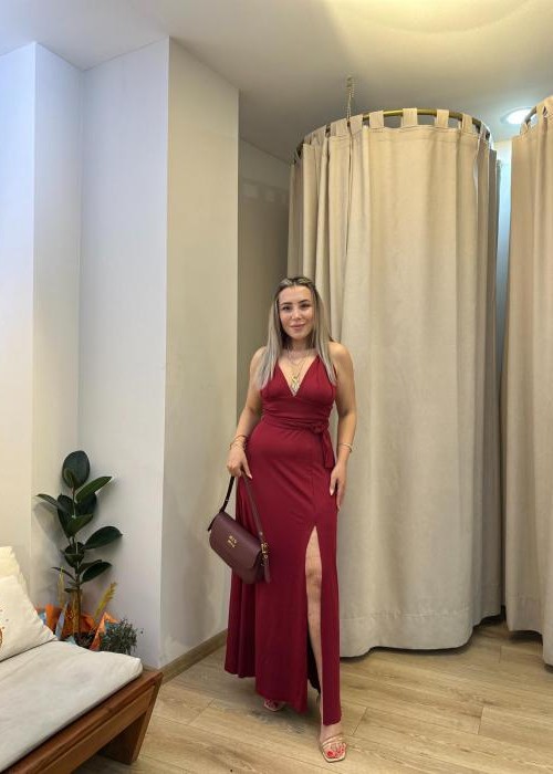 Bordo Maksi Yırtmaçlı Elbise