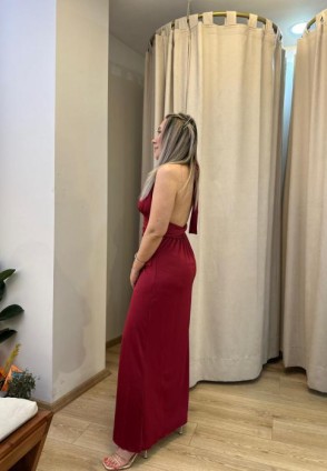Bordo Maksi Yırtmaçlı Elbise